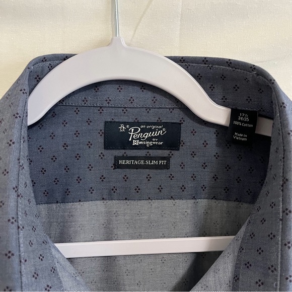 Original Penguin NWT Heritage Slim Fit Long Sleeve Blue Print Size 17 1/2 Shirt - Picture 6 of 9